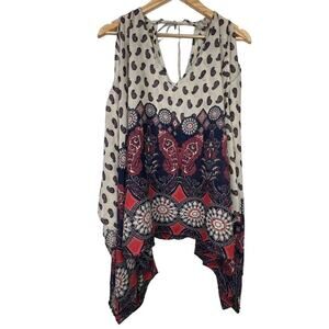 Truth NYC Navy/Red Floral BOXY BOHO Asymmetrical Sheer Blouse Large